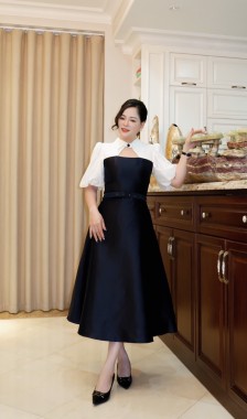 Váy taffeta phối cổ, tay trắng - T79